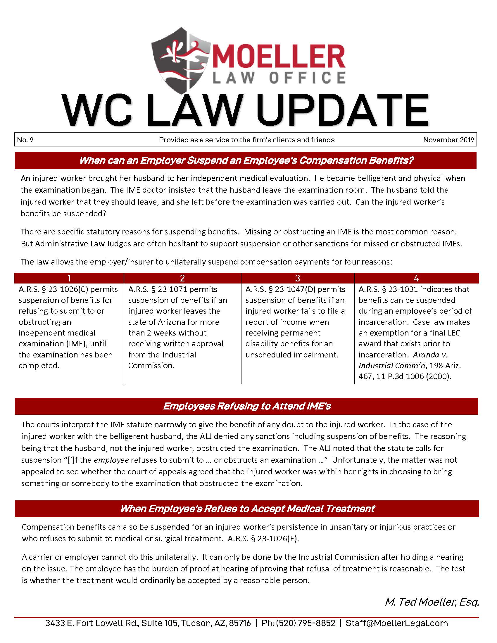 2019 11 &#8211; No. 9 &#8211; WC Law Update &#8211; Emplyr Suspend EEs Compensation Rules