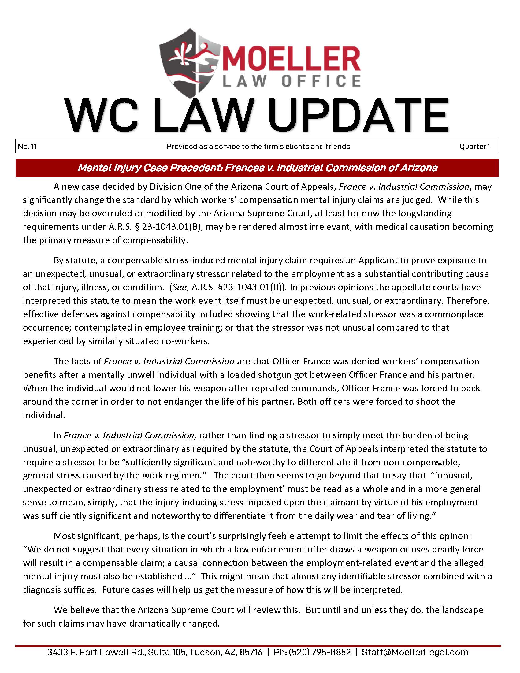 Qrtr 1 &#8211; No. 11 &#8211; WC Law Update &#8211; Frances v ICA &#8211; Draft