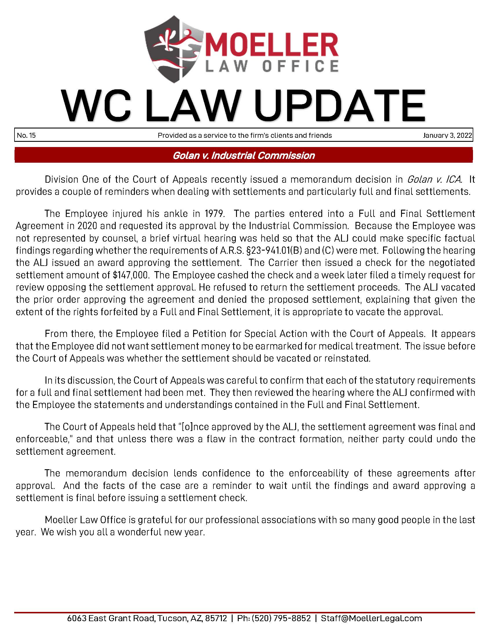 No. 15 - WC Law Update - Golan v. Industrial Commission