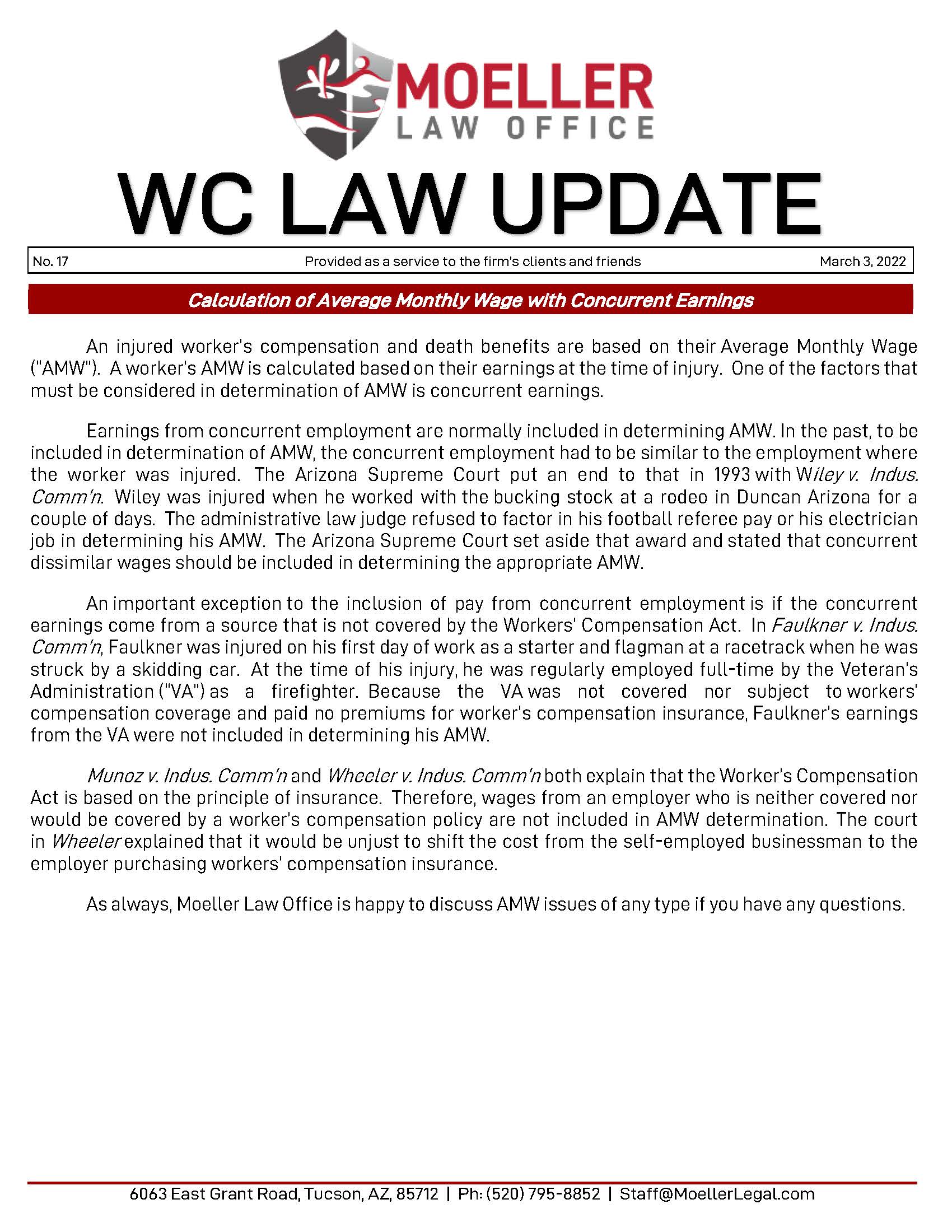 2022 03 03 – No. 17 – WC Law Update – Calculation of AMW with Concurrent Earnings